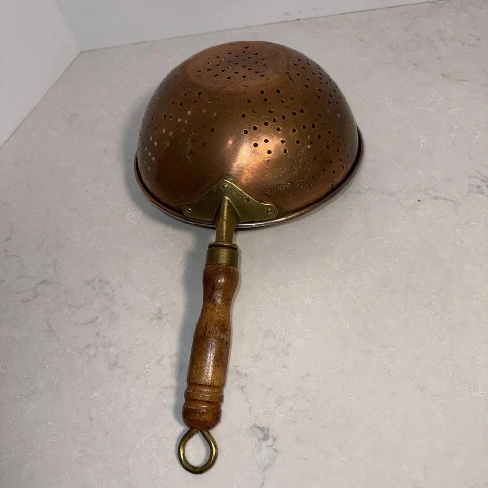 Vtg Copper and Brass Colander Strainer Kitchenware Brass And Wood Handle